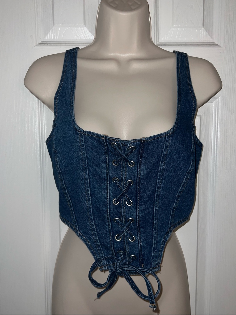 Lone Star Denim Lace-Up Corset Tank Top - Dark Blue